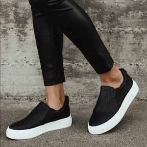 Lulus Cassay Black Crocodile-Embossed Platform Slip-On Sneakers